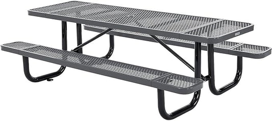 Global Industrial 8’L Rectangular Picnic Table, Expanded Metal, Gray Thermoplastic Coating, Attached Benches, 1-1/2” Umbrella Pole Hole, Outdoor-Rated, 1000 lb Capacity, 96” x 30” Tabletop