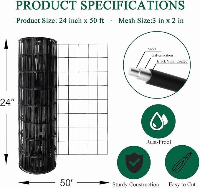 Black PVC Coated Welded Wire Fence 24 Inch x 50 Foot, 2 Inch x 3 Inch 16GA, Garden Border Fencing Roll Vinyl Coating Metal Wire Mesh for Yard Vegetable Plant Protection Poultry Netting