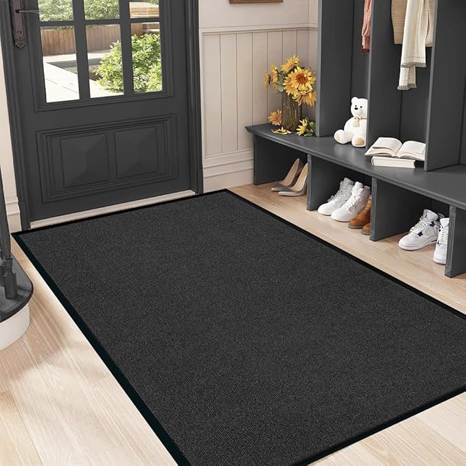 Commercial Grade Entrance Mat 3x5Ft Brush Step Entrance Rug with Striped Pattern&Rubber Border Indoor Outdoor Low Profile Rubber Entry Carpet Mat for Hallway,Home,High Traffic Area,Black