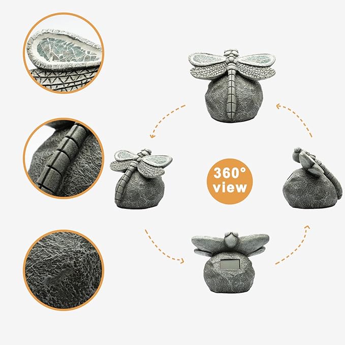 Garden Statue Dragonfly,Solar Dragonfly Decor for Outdoor,Resin Dragonflies Figurine with Solar Light for Patio,Balcony,Yard,Lawn Ornament,Perfect Garden Gift