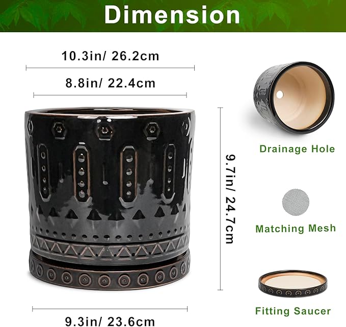 Ceramic Planter for Indoor Plants - 10 Inch Plant Pots with Drainage Hole and Saucer, Round Decorative Flower Pots Outdoor, Boho Large Planter, Room Decor, House Warming Gifts, Black