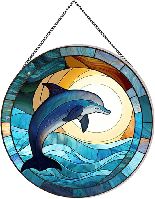 Dolphin Pattern Suncatcher Stained Glass,Hanging Stained Glass for Windows,20cm/7.87inch Hand-Painted Sun Catcher Garden Hangings Painted Glass Panel Decor Themed Gift