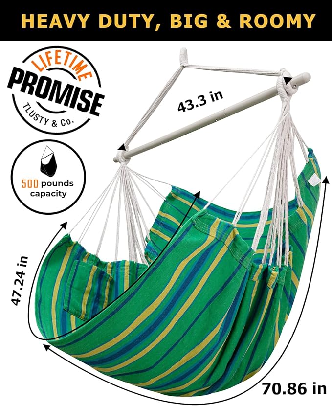 ADVOKAIR Hammock Chair Hanging Chair Rope Swing XXL - Max 500lbs, 70in Large Hammock Swing Chair -Portable Steel Spreader Bar with Anti-Slip Rings-Roomy & Strong