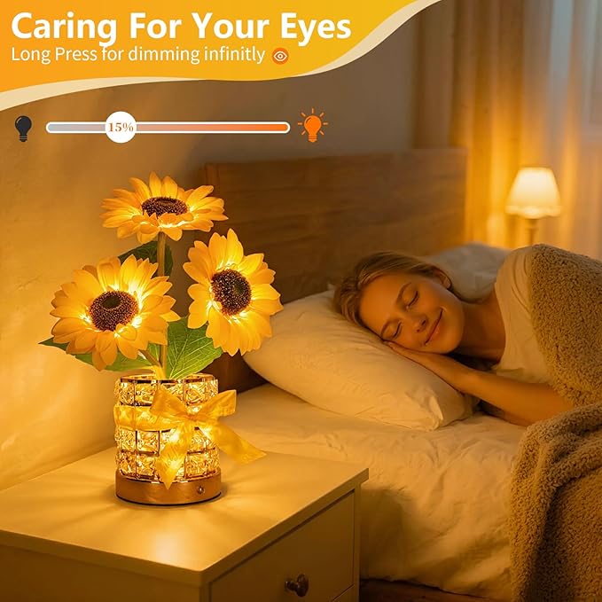 Sunflower LED Lamp,USB Rechargeable Touch Night Light, 3 Color Stepless Dimmable,Small Battery Flower Decor for Bedroom, Restaurant, Bar – Birthday, Mother’s Day,Wedding Gifts for Women,Mom