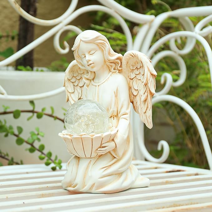 Angel Statues for Garden - Guardian Ange with Light - 8.3" Waterproof Outdoor Angel Memorial Scupture, Solar Angels Figurines Holding Glass Balls for for Patio, Yard, or Cemetery