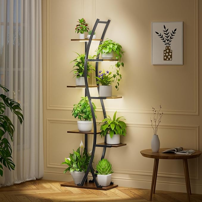 62" Tall Plant Stand with Grow Light Indoor, 7 Tiered Metal Plant Shelf Bookshelf, Curved Corner Flower Stand Display Storage Rack Holder for Living Room, Balcony Decor