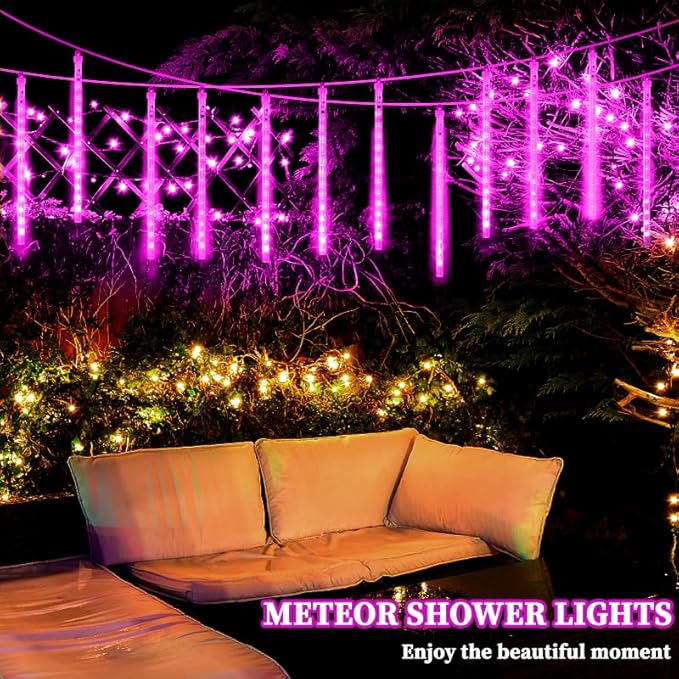 Christmas Purple Meteor Shower Rain Lights, 10 Tube 360 LED 12 Inch for Outdoor Halloween Falling String Raindrop Decor, Patio Garden Roof Eaves