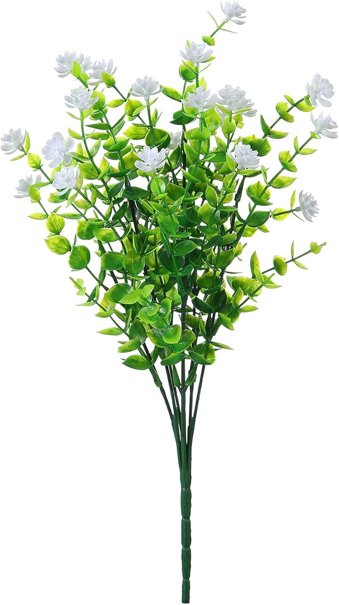 Artificial Plants Flowers Grass Shrubs 8 Pack No Fade Faux Plastic Flowers Outdoor for Vases Farmhouse Garden Porch Patio Office Indoor Wedding Decoration Greenery Fake Plants (2#White)