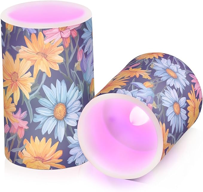 Flickering Flameless Candles, Daisy Flowers Botanical LED Candles with Remote Timer, Set of 2 Battery Operated Candle for Valentine Wedding Birthday