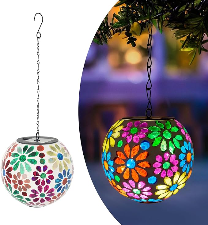Colorful Solar Hanging Lanterns Glass Mosaic Gazing Ball Globe Hanging Lantern Lights Outdoor Waterproof for Patio Garden Yard Home Decor (Flowers)
