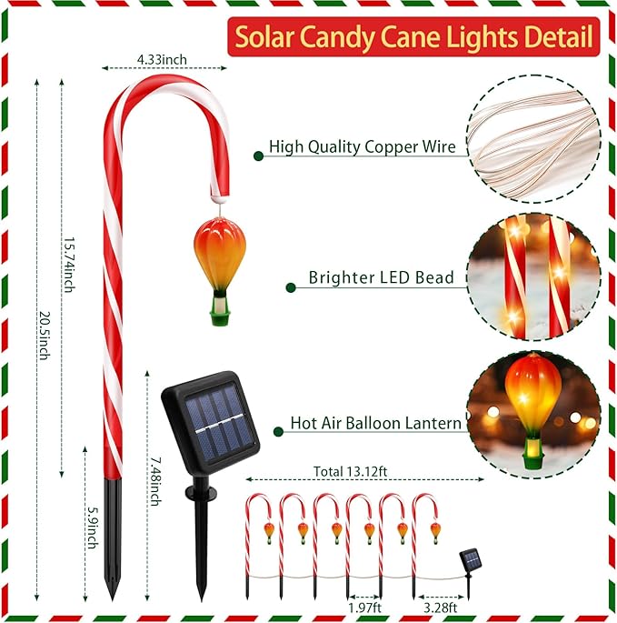 6 Pack Outdoor Christmas Decorations, 21" Solar Candy Cane Christmas Lights with Lantern and 90 Bright LED, Waterproof 8 Modes Outside Xmas Decorations for Outdoor Yard Garden Pathway