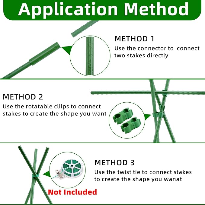 Garden Stakes 16 Inch 70 Pack, Diy 4ft 5ft 6ft 7ft 8ft Tomato Stakes Plastic Coated Metal Plant Sticks Stakes Supports with 40 Connectors 30 Rotatable Clips for Indoor Outdoor Plants Vegetable