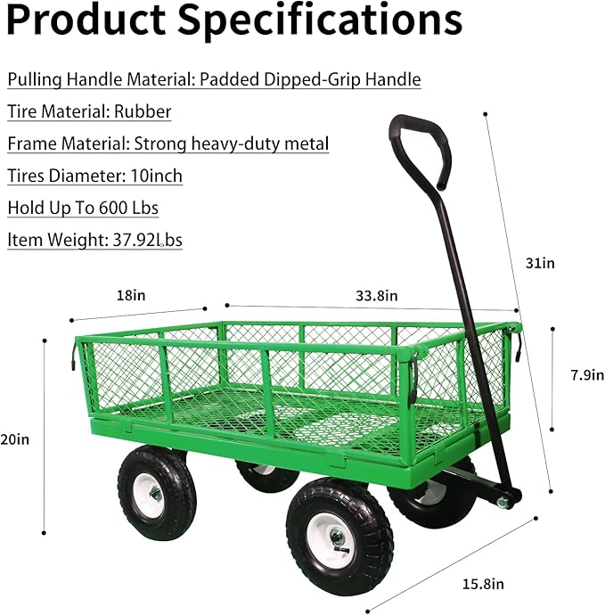 AAIN 600 lbs Metal Garden Cart,Heavy Duty Garden Wagon with Removable Steel Mesh Sides, Utility Yard Cart with 180° Rotating Handle and 10-inch Wheels—Perfect for Gardens, Farms, and Yards, Green