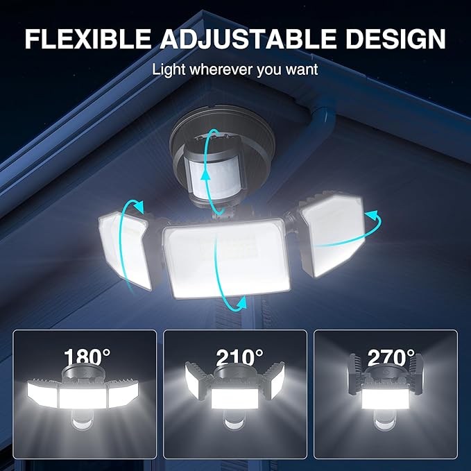 85W LED Security Lights Motion Sensor Light Outdoor, 8500LM Dusk to Dawn, IP65 Waterproof, 6500K, 3 Head Motion Detected Flood Light, Floodlight for Outside, Garage, Yard, Porch (Black)