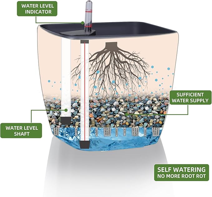 Dexceder 13x12 Self Watering Planter with Wheels Indoor Outdoor, Inner Mat Design, Thickened Large Floor Standing Flower Plant Pot with Water Level Indicator (Slate Gray Matte)