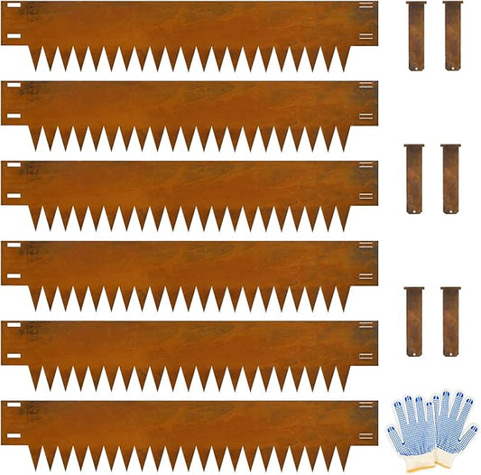 Cor Ten Steel Landscape Edging, 8Hx40L-Inch Metal Garden Edging, 6-Pack Hammer in Landscape Edging with 6 Clips and Gloves, Rustic