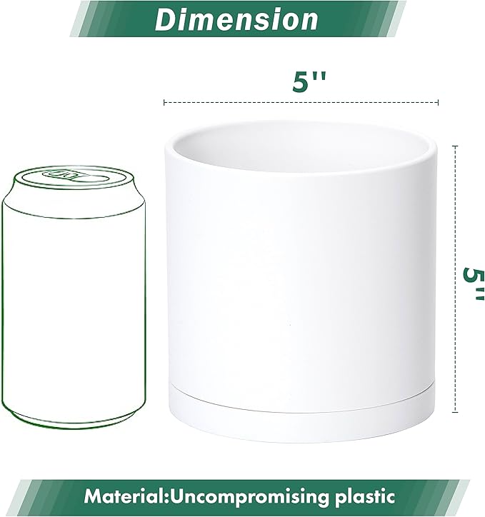 D'vine Dev 2 Pack 5 Inch Modern Plastic Plant Pots, Small Garden Planters for Plant with Drainage Holes and Saucers, White Color, 74-Z-G-1