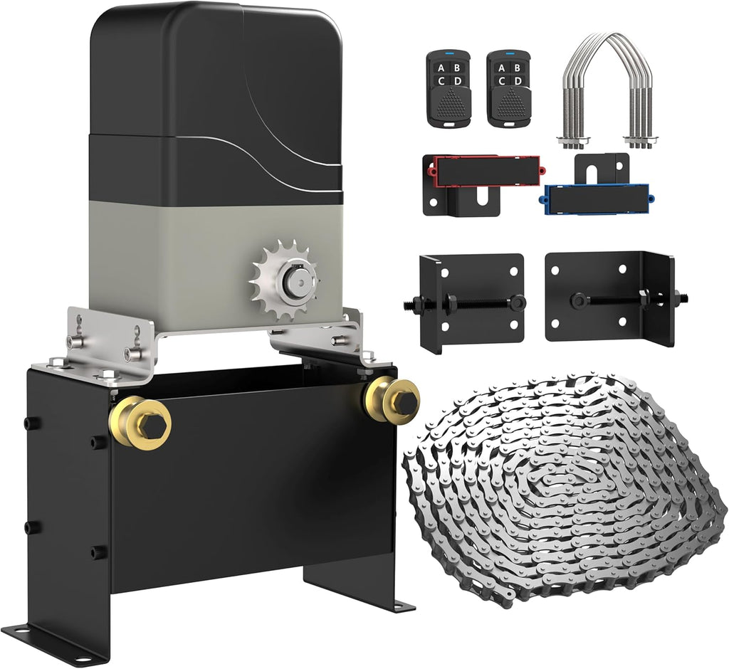 Blütezeit 1100lb Sliding Gate Opener with 13ft Retro-Reflective Photoelectric Beam Sensor | Chain Drive Motor with 2 Remotes, 16.4ft Chains & Wall-Mounted Safety Reflector Switch