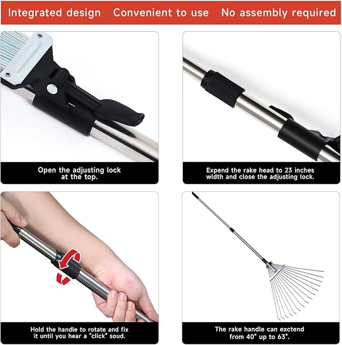 Adjustable Garden Metal Rake -32 to 63 Inch ,Hand Weed Collapsible Camping Landscape Dethatcher Rake for Leaves Shrub Yard Lawns,Leveling Yard Tool,Black