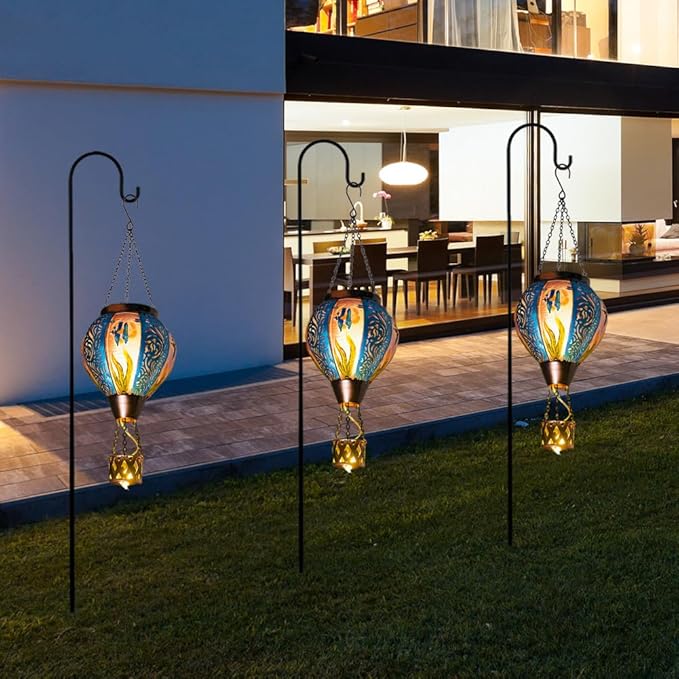 Blue Fish Hot Air Balloon Solar Lantern with Flickering Flame Hanging Solar Lanterns Outdoor Waterproof,LED Metal Hot Air Balloon Lights for Patio Yard Garden Decor,Mother Day Gifts for Women