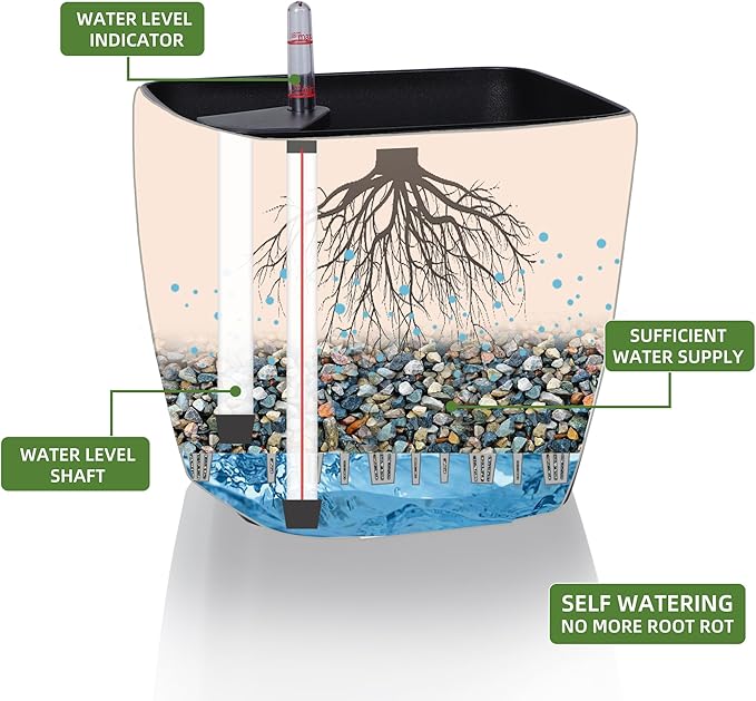 Dexceder 13x12 Self Watering Planter with Wheels Indoor Outdoor, Inner Mat Design, Thickened Large Floor Standing Flower Plant Pot with Water Level Indicator (Black Matte)