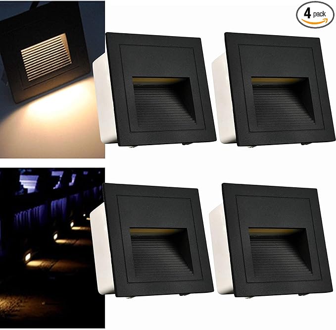 4Pack 3W LED Recessed Wall Light,120V Step Lights Warm White 3000K, IP65 Waterproof Stair Light Staircase Light lamp, Inside Outside Garden Balcony Corridor, Aluminum,Black