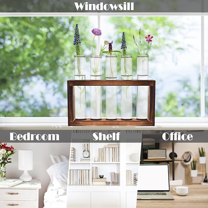 Desktop Glass Plant Propagation Station with 5 Test Tubes in Wooden Stand - Hydroponic Plants Cutting Office Home Decoration and Garden Decor Terrarium (5 Tubes)