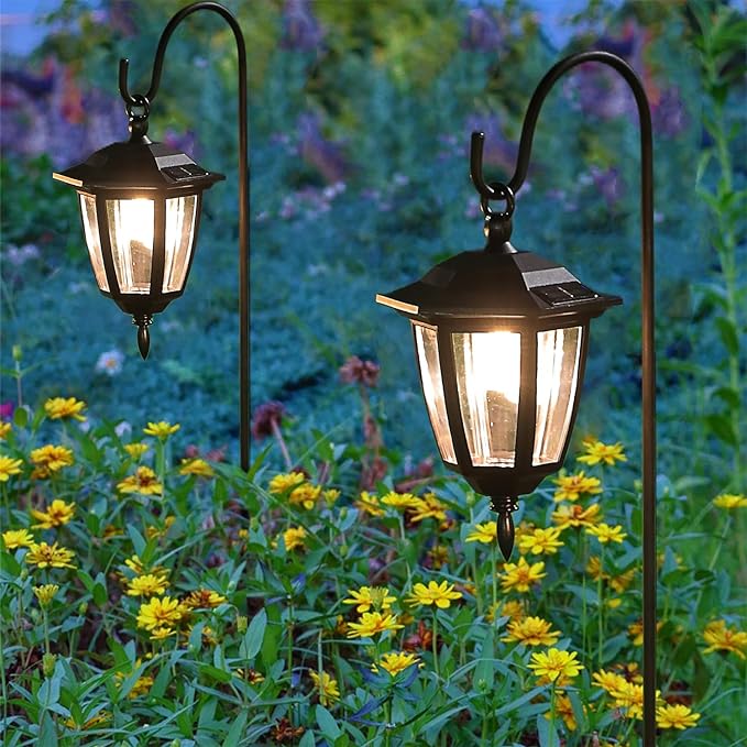 Dynaming 4 Pack Solar Hanging Lights Outdoor, Solar Powered Garden Decorative Lanterns with 4 x 38 Inch Shepherd Hooks, Waterproof Landscape Lighting for Lawn Patio Yard Pathway Driveway, Warm White
