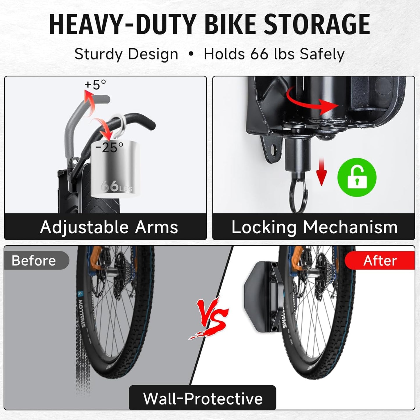 Bike Rack Garage,Bike Wall Mount, 150° Swivel & Space-Saving Vertical Bike Hangers for Storage, Sturdy Bike Stand Holds Up to 66lbs, Easy to Install, 1 Pack