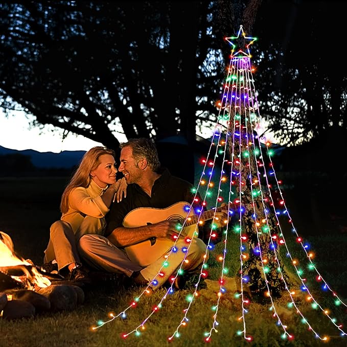 Christmas Decorations Star String Lights, 320 LED Waterfall Tree Lights with 13" Topper Star 8 Lighting Modes Indoor Outdoor Decorative for New Year, Holiday, Wedding, Party (Multicolor)