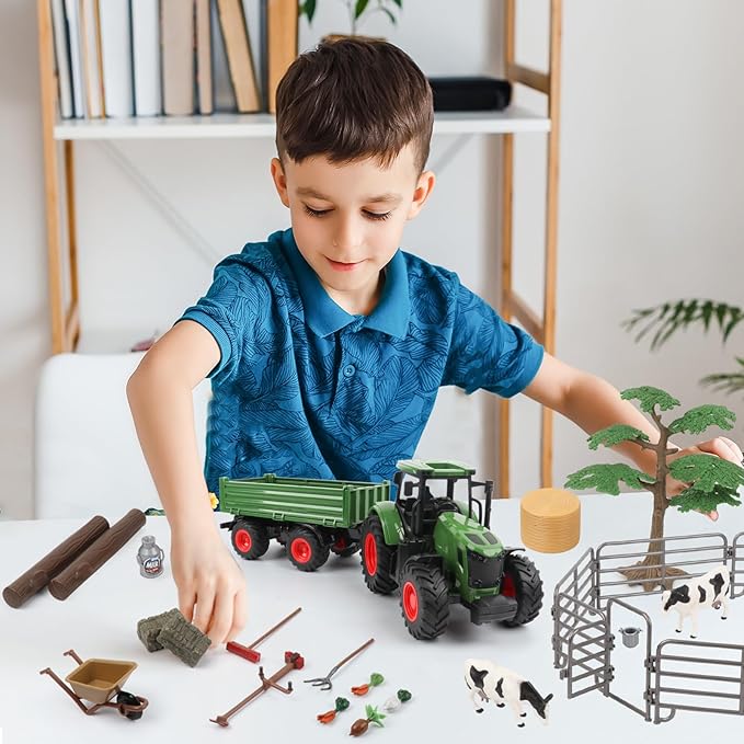 Farm Animal Tractor Toys Playset-16.5 Inches Tractor with Trailer Fence,Farmer,Tree,Cow,Farm Toy Set for Boys Girls Kids Toddlers Age 3-7 Years Old