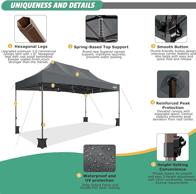 COBIZI 10x15 Pop Up Canopy Tent Heavy Duty with Sidewall, Commercial Outdoor Easy Pop Up Gazebo for Party Wedding All Weather Waterproof UV 50+ with Roller Bag(Leg Upgraded),Gray
