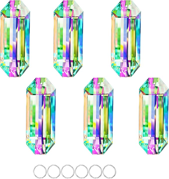 6 Pack 3'' Crystal Sun Catchers, AB Color Hanging Ornaments for Windows Sticks Prism Suncatchers for Garden Home Decor Office Living Room Windows Crystal Rainbow Maker