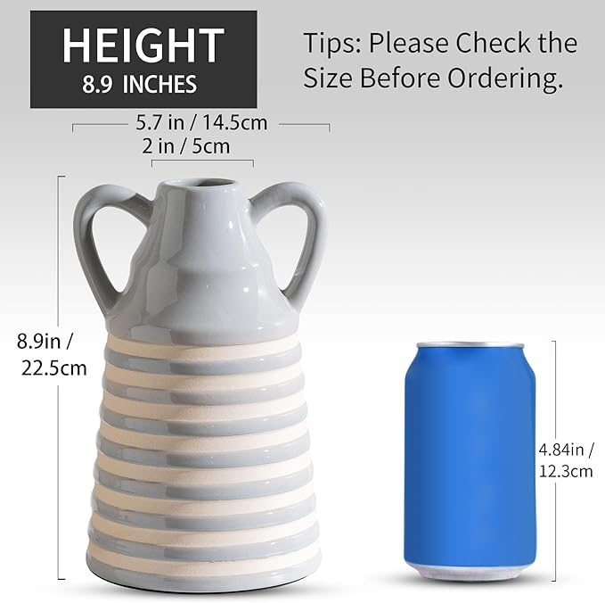 Ceramic Grey and White Checkered Stripes Vase with Handles, Hand-Painted Modern Bohemian Floral Vases Home Decor, Cottage Core Decor, Flower Vases for Bouquet Tabletop Bedroom Office Bookshelf 8.9 in