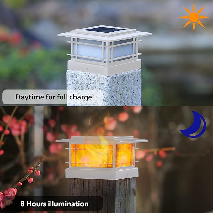 Dynaming 6 Pack Solar Flame Post Lights Outdoor, Solar Powered Fence Post White Shell Cap Light, High Brightness Flickering Flame LED LiVinyl/Wooden Postseck Patio, Fit 4x4 5x5 6x6 Vinyl/Wooden Posts