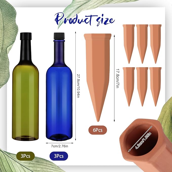 6 Sets Plant Watering Devices Include Terracotta Self Watering Spikes and 26 oz Plastic Bottles, Slow Release Vacation Insert Automatic Plant Waterer Device (Blue Green and Terracotta)