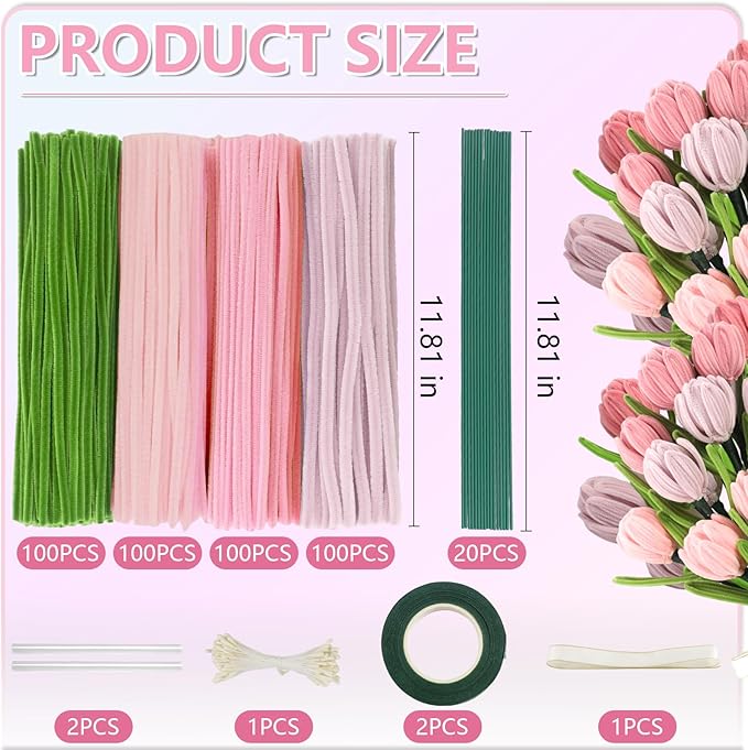 400 Pcs Pipe Cleaners Craft,4 Assorted Colors Pipe Cleaners Bulk, Chenille Stems for DIY Flower Making Kit with Floral Wires, Gardening Tape,Stamen& Ribbon (Pink)