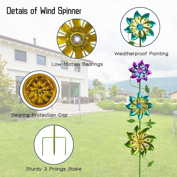 DREAMYSOUL 3 Blades Wind Spinner, Pinwheels for Yard and Garden, Metal Wind Spinners Outdoor, Colourful Wind Sculptures for Outside Patio Lawn Decoration