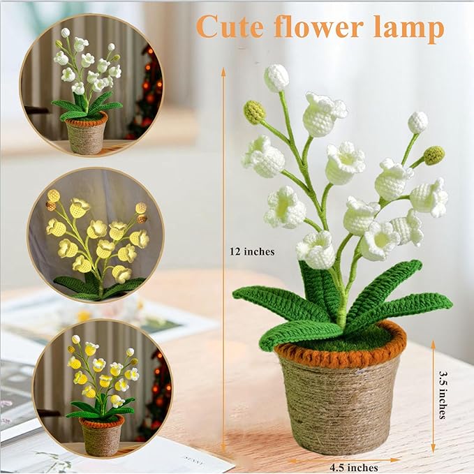 Lily of The Valley Lamp - Handmade Crochet Flower Bedside Table Lamps with 14 Night Light Cute Gifts for Women Birthday Christmas Valentine Mother's Day Desk Home Office Bedroom Decor