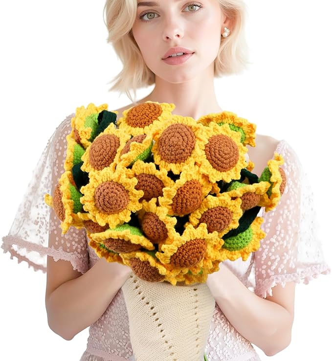 Sunflower Gifts for Women-Teacher Appreciation Gifts-Sunshine Teacher Friend Mom Sister Grandma Birthday Retirement Gifts,Thank you,Get well, Sunflower Crochet Flower Bouquet Blanket 43 Inches