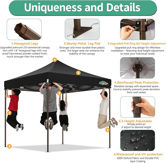COBIZI 10x10 Pop Up Canopy Tent Heavy Duty with 4 Sidewall, Commercial Outdoor Easy Pop Up Gazebo for Party Wedding All Weather Waterproof UV 50+ with Carry Bag(Leg Upgraded),Black
