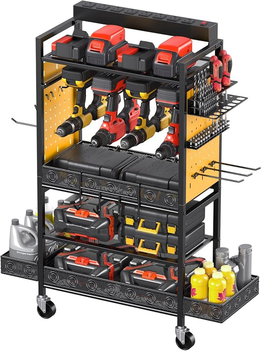 CCCEI Garage Power Tools Organizer Cart with Charging Station, Yellow Floor Standing Rolling Drill and Tools Battery Storage Cart on Wheels. Utility Rack Gift for Men, Husband, Father.