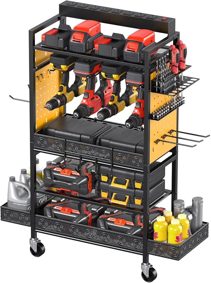 CCCEI Garage Power Tools Organizer Cart with Charging Station, Black Floor Standing Rolling Drill and Tools Battery Storage Cart on Wheels. Yellow Utility Rack Gift for Men, Husband, Father.