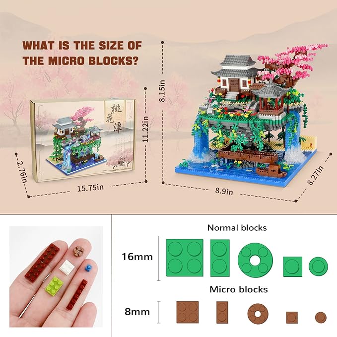 Peach Blossom Pond Micro Mini Building Blocks Set for Adults and Kids, Chinese Architecture Cherry Bonsai Gift Toys with String Lights, Japanese Flowers Tree House Micro Bricks (3320PCS)