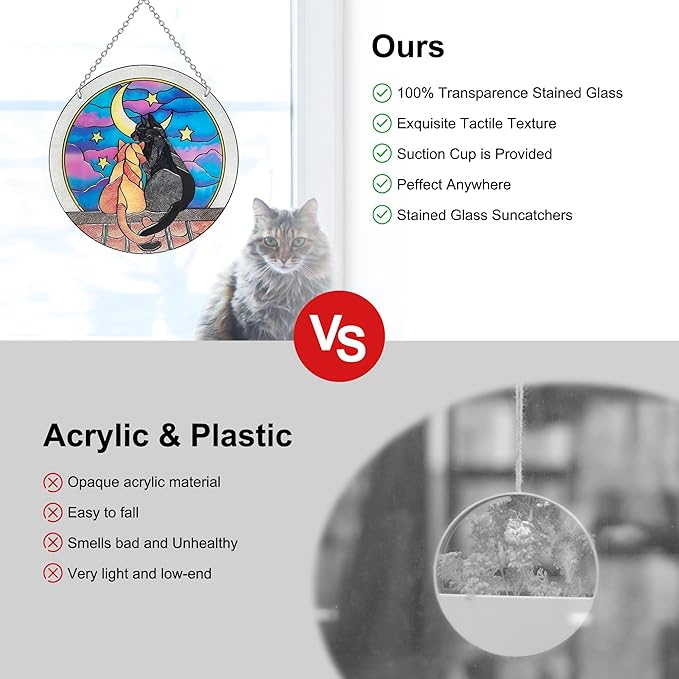 Cat Sun Catcher Stained Glass, 6 * 6inches Suncatcher for Window, Cat and Dog Patterns Sun Catcher Glass,Cat Mom Gifts