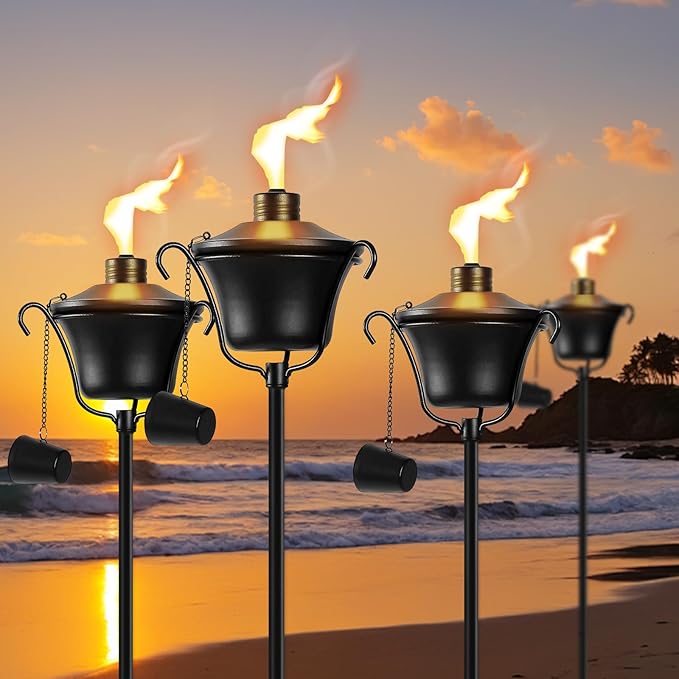 Citronella Torches Set of 4, 3-Prong Grounded Stake Outdoor Torches ，14.5 oz Garden Torches for Outside, 58 inch Outdoor Decorative Torch
