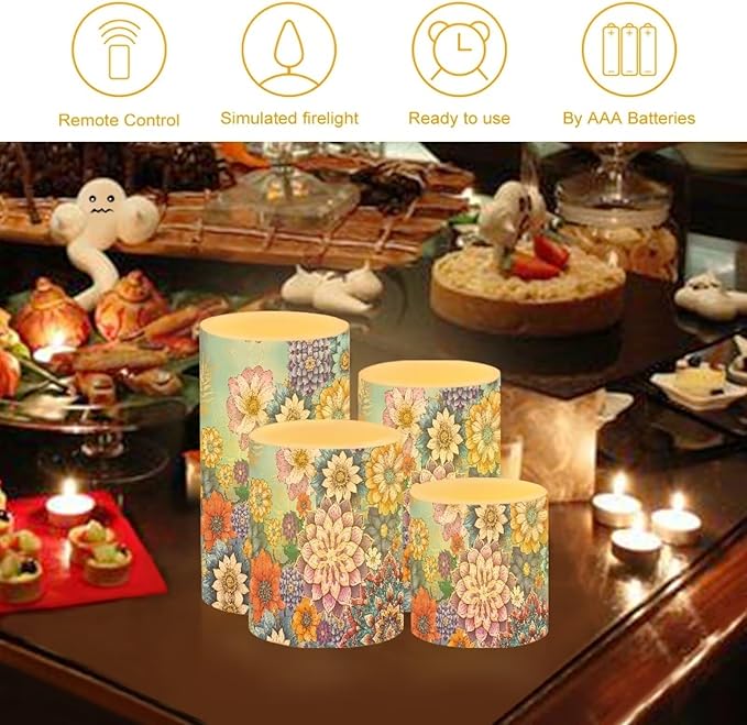 Flameless LED Candles Electric Candles with Remote Timer Control Long Lasting Pillar Candles Tealights Bohemian Style Home Outdoor Decoration Pack of 4, Boho Flower Purple Blue