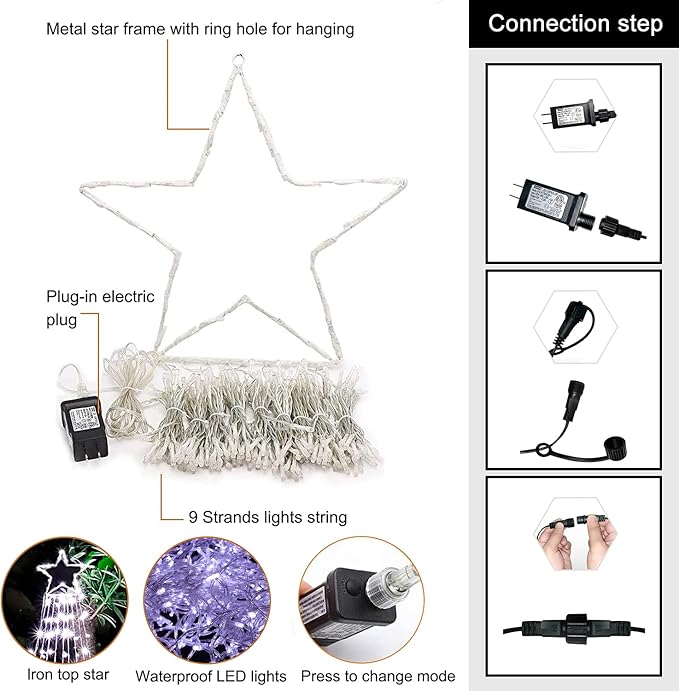 Christmas Decorations Star String Lights, 320 LED Waterfall Tree Lights with 13" Topper Star 8 Lighting Modes Indoor Outdoor Decorative for New Year, Holiday, Wedding, Party