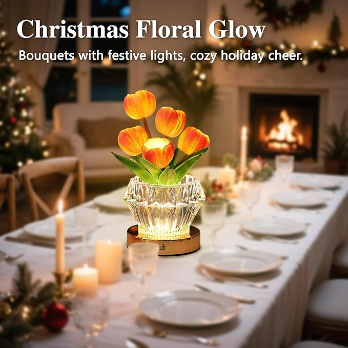 Tulip Flower Lamp with Diamond Vase, 3 Color LED Night Light, Dimmable Touch Control, Artificial Floral Decor for Bedroom Bar Coffee Shop Wedding Birthday Gifts for Women Christmas Valentine Day