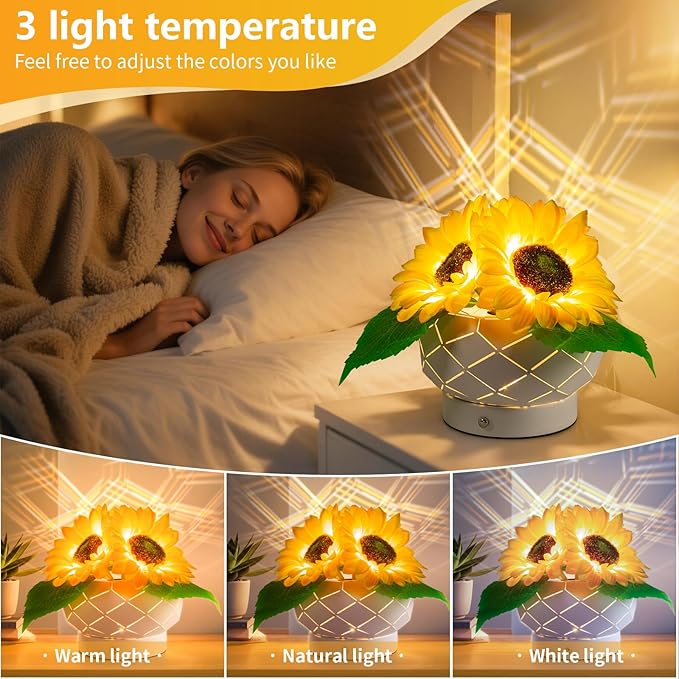 Cordless Sunflowers Table Lamp, Dimmable LED Touch Beside Lamp with Rechargeable Battery Operated, Small Night Light Lamps for Room Home Decor, Birthday Gift for Women Mom